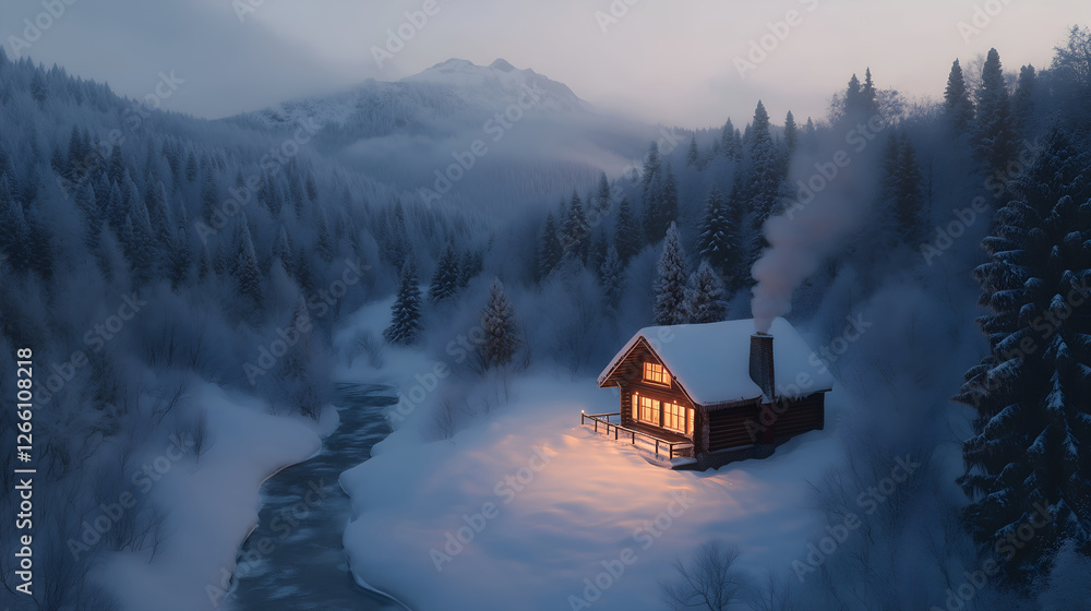 Aerial view of snow-covered forest with frozen stream and cozy cabin Aerial view of snow-covered forest with frozen stream and cozy cabin