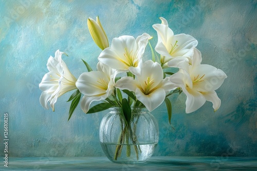 Beautiful white lilies in a clear glass vase against a soft blue background