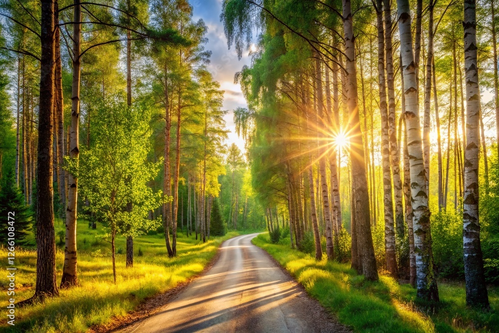 Obraz premium Sunny Summer Forest Road: Birch and Pine Trees, Scenic Pathway