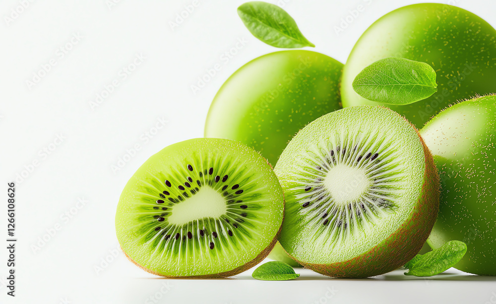 Fototapeta premium set of whole kiwi fruit and one cut in half are displayed with green leaves on white background, showcasing their vibrant green color and texture