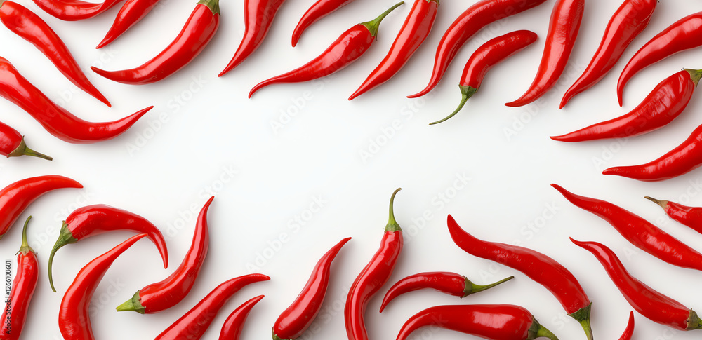 set of vibrant red chili peppers is arranged on white background, creating striking contrast. peppers are fresh and glossy, showcasing their natural curves and vivid color set of vibrant red chili peppers is arranged on white background, creating striking contrast. peppers are fresh and glossy, showcasing their natural curves and vivid color
