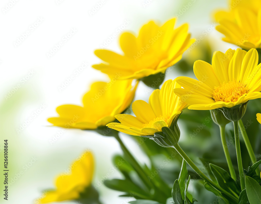 Fototapeta premium Bright yellow daisies with green leaves against soft blurred background create cheerful and vibrant scene