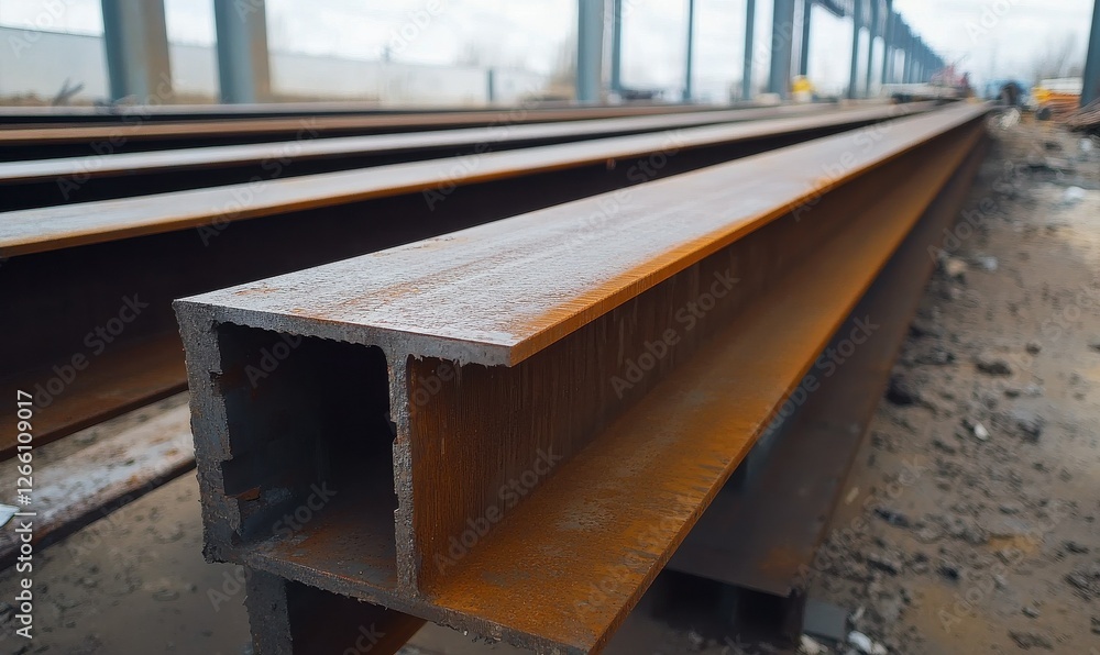 Steel beams and large metal structures being processed in a heavy-duty factory, industrial fabrication, construction materials production Steel beams and large metal structures being processed in a heavy-duty factory, industrial fabrication, construction materials production