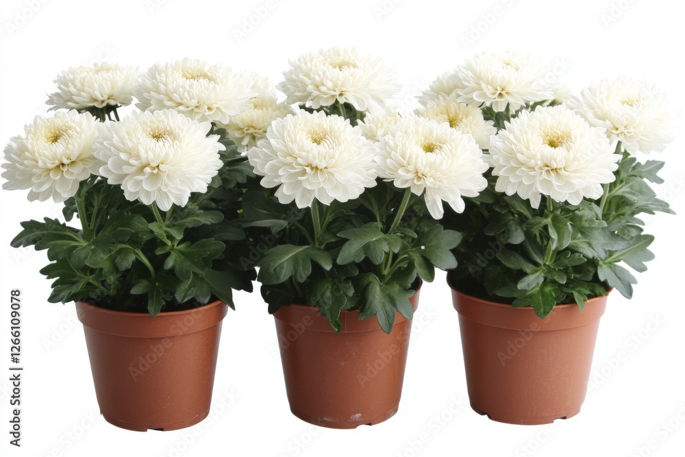 White chrysanthemums in potted plants arranged in a decorative display for home decor or gardening White chrysanthemums in potted plants arranged in a decorative display for home decor or gardening