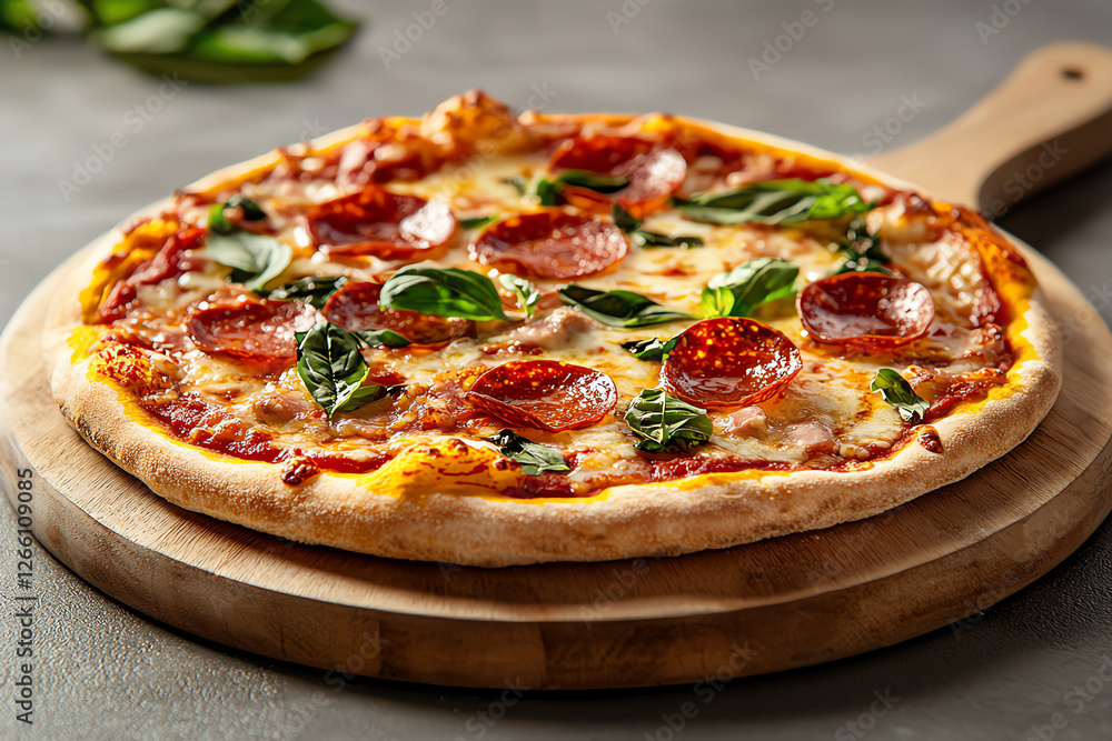 delicious pepperoni pizza topped with fresh basil leaves on wooden board delicious pepperoni pizza topped with fresh basil leaves on wooden board