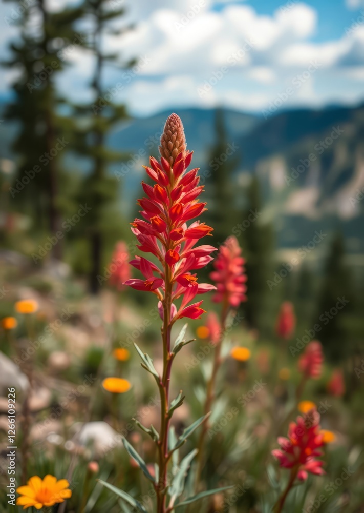Paintbrush wildflowers flower plant in colorado at top of vail tour ridge route hiking trail footpath in summer with pine trees bokeh red bokeh abstract background glow design light texture effect spa Paintbrush wildflowers flower plant in colorado at top of vail tour ridge route hiking trail footpath in summer with pine trees bokeh red bokeh abstract background glow design light texture effect spa