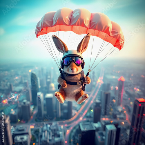  Bunny with a parachute over the city
