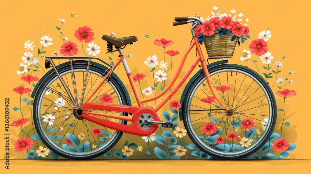 Fototapeta premium Minimalist bicycle design with a basket and flowers on a bright yellow background