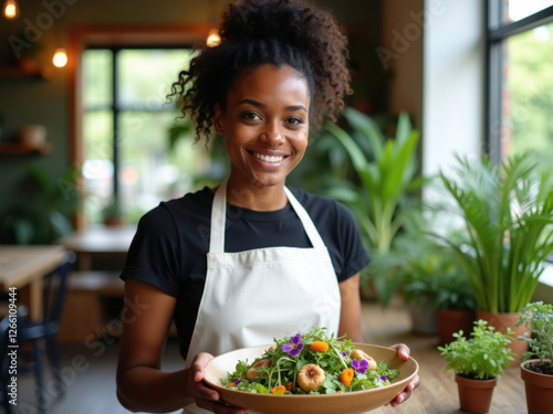 Simpática camarera negra que sirve una colorida ensalada vegana en una moderna cafetería basada en plantas con interiores minimalistas de madera
 photo