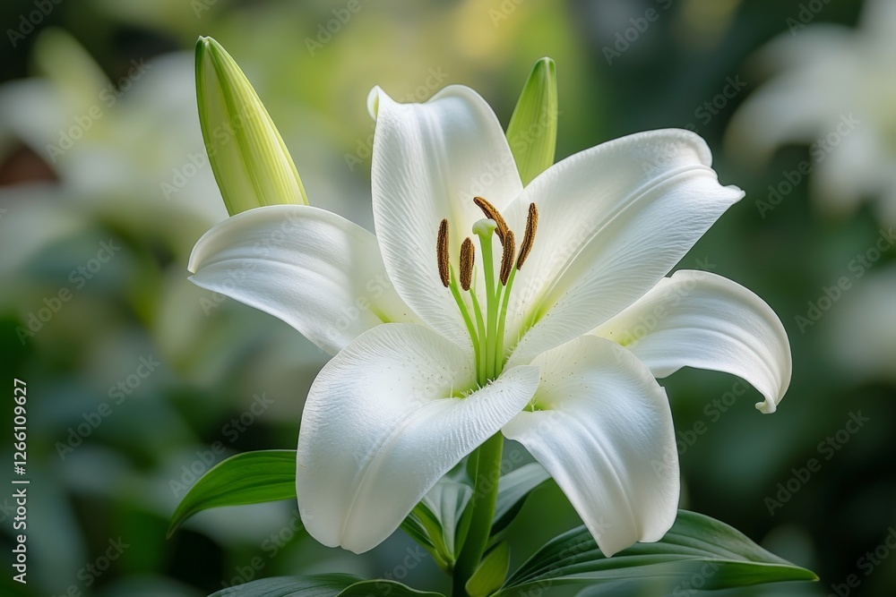 Obraz premium White lily blooming in a lush garden setting during bright daylight