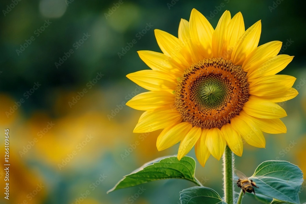Bright sunflower blooms in a lush garden during late summer attracting bees Bright sunflower blooms in a lush garden during late summer attracting bees