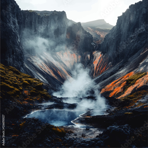 Stunning Vector Art of Geothermal Landscape with Steaming Blue Lake Amidst Majestic Rocky Mountains and Lush Moss Highlighting Natural Earth Tones and Texture