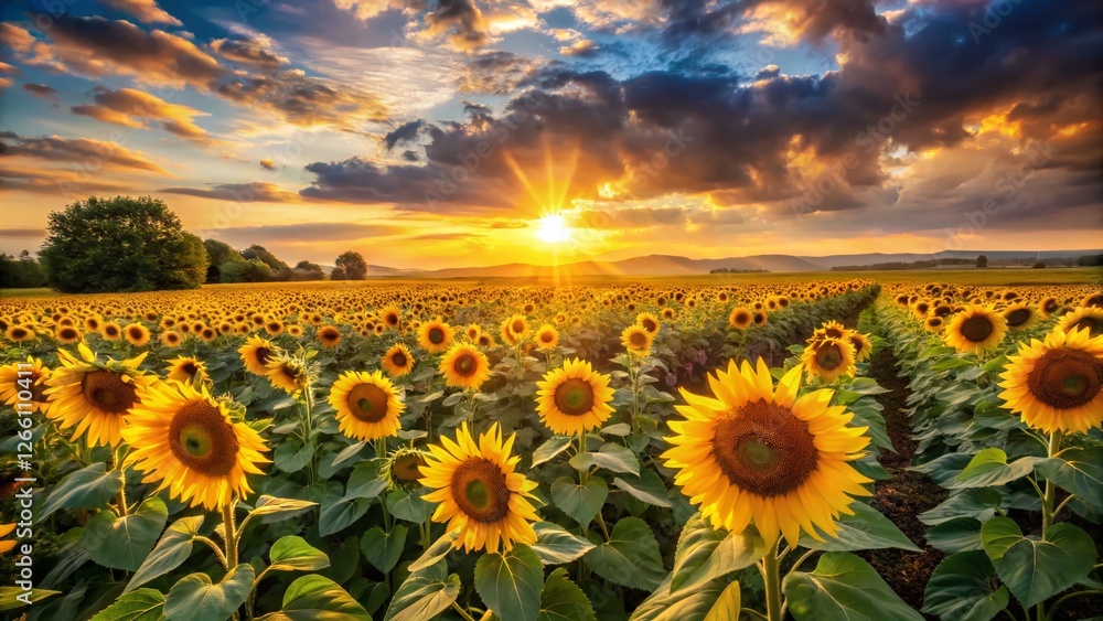 Fototapeta premium Sunset Sunflowers: Golden Hour Field of Blooming Sunflowers