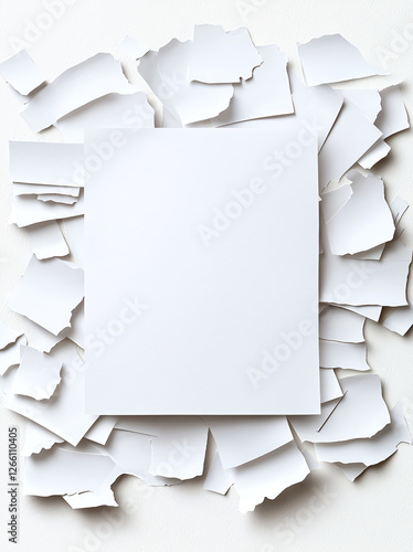 blank white sheet of paper is surrounded by torn paper pieces, creating textured background. central sheet stands out against scattered fragments, emphasizing contrast and simplicity