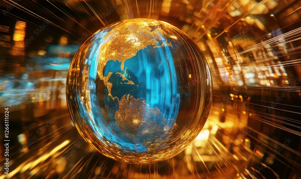 Holographic Earth projection glowing in rich blue and gold tones, surrounded by swirling data streams in a high-tech environment. Holographic Earth projection glowing in rich blue and gold tones, surrounded by swirling data streams in a high-tech environment.