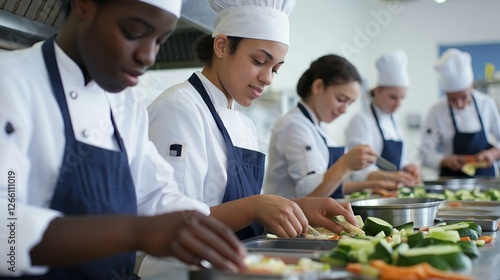 Fototapeta Naklejka Na Ścianę i Meble -  Young chefs working together in a professional kitchen preparing fresh ingredients