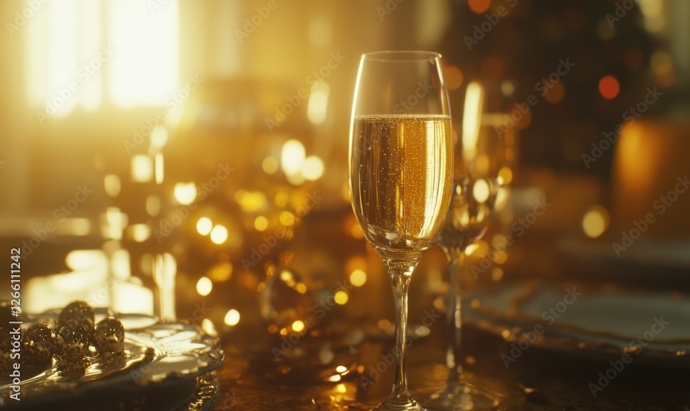 Close-up of a glass of sparkling champagne on a festive table, warm golden tones enhancing the celebratory moo Close-up of a glass of sparkling champagne on a festive table, warm golden tones enhancing the celebratory moo