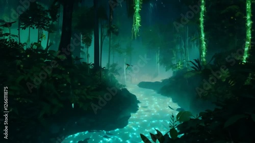 A mesmerizing rainforest glowing with neon flora mist-covered trees shimmering fireflies and a glowing river weaving through the jungle photo