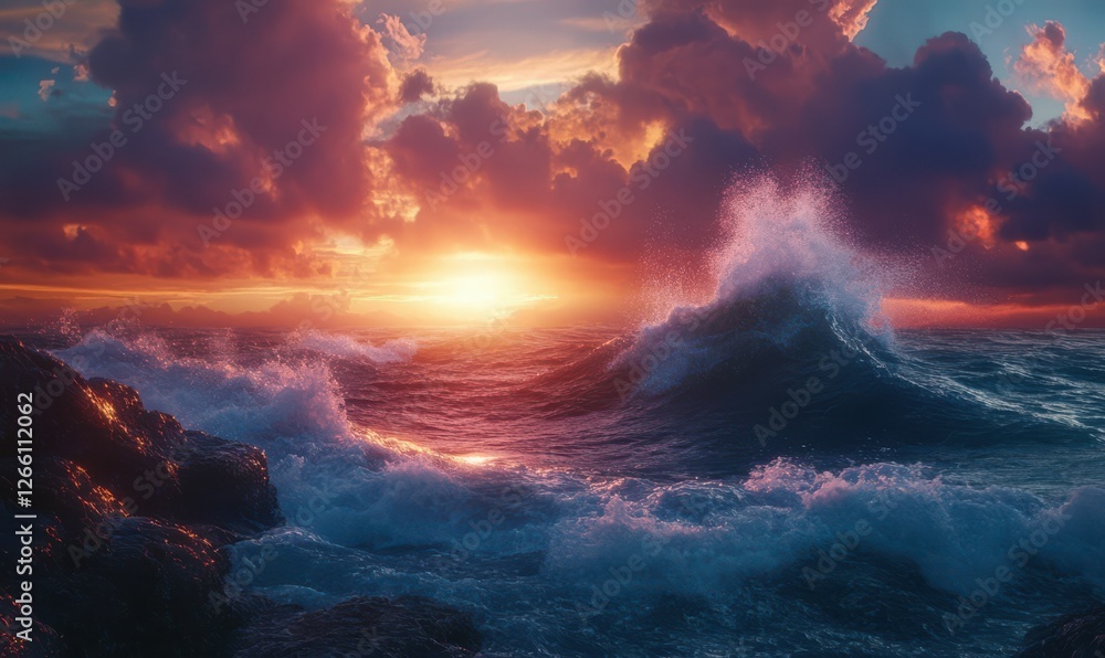 Naklejka premium Dramatic cliffside ocean view with waves crashing against rugged rocks under a vivid sunset, capturing the raw power of nature