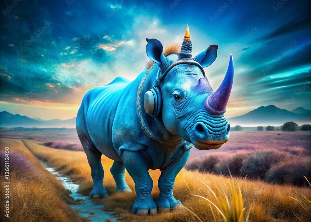 Fototapeta premium Surreal Blue Rhino with Unicorn Horn and Headphones - Documentary Style Photo