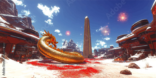 Stunning Gold Dragon in Futuristic Chinese Landscape with Obelisk and Fireworks under Clear Blue Sky amidst Snow-Capped Mountains and Modern Architecture