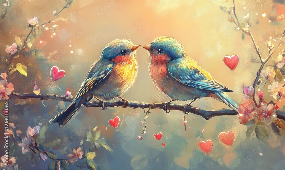 Two colorful birds perched on a branch surrounded by hearts and blossoms in soft light Two colorful birds perched on a branch surrounded by hearts and blossoms in soft light