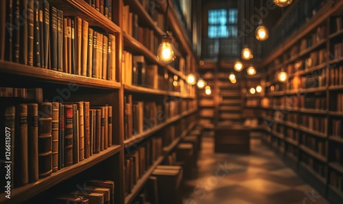 Wallpaper Mural Peaceful library interior with rows of wooden bookshelves and a warm glow from vintage lamps, evoking scholarly charm. Torontodigital.ca