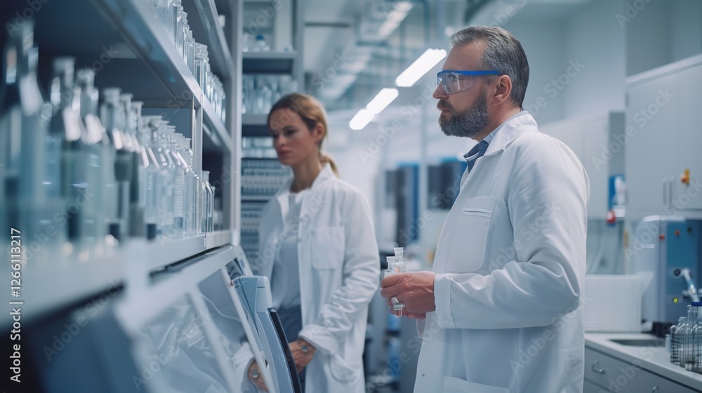 Advanced scientific lab, two researchers analyzing chemicals in a flask, discussing findings, medical research, biotechnology, molecular biology Advanced scientific lab, two researchers analyzing chemicals in a flask, discussing findings, medical research, biotechnology, molecular biology