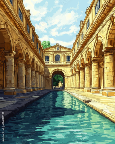 Majestic Architectural Vector Illustration of Historic Roman Bath with Arched Columns and Reflections in Tranquil Water Under Blue Sky