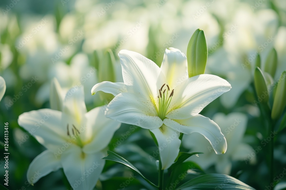Beautiful white lilies blooming in a lush garden during the daytime with soft sunlight filtering through the leaves Beautiful white lilies blooming in a lush garden during the daytime with soft sunlight filtering through the leaves