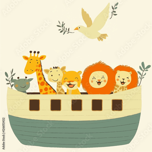 Adorable Cartoon Animals in Noah's Ark Vector Illustration with Lion Giraffe and Dove Symbolizing Peaceful Journey for Kids Nursery Room Decor