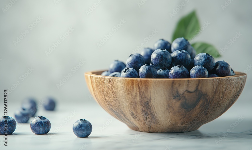 Ripe blueberries in a rustic wooden bowl with a few scattered on a light surface, showcasing their fresh and natural texture. Ripe blueberries in a rustic wooden bowl with a few scattered on a light surface, showcasing their fresh and natural texture.