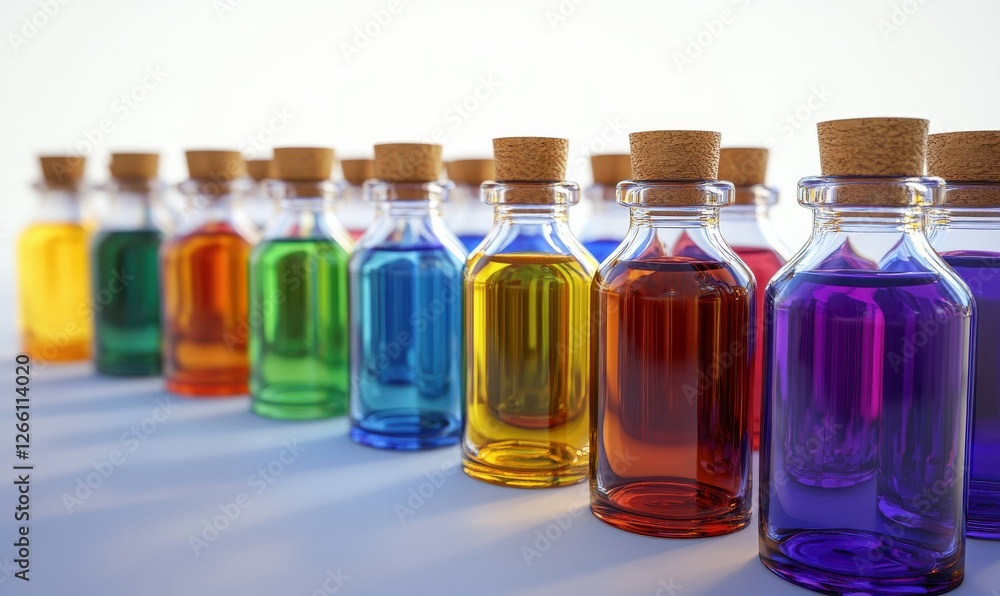 Rows of colorful glass bottles filled with essential oils, set against a clean white background for a luxurious wellness product aesthetic. Rows of colorful glass bottles filled with essential oils, set against a clean white background for a luxurious wellness product aesthetic.