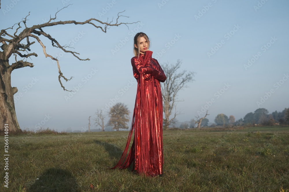 Young beautiful slender woman in a fashionable red dress. Woman posing in the fog morning sunrise nature. Advertising of fashionable womens clothing Young beautiful slender woman in a fashionable red dress. Woman posing in the fog morning sunrise nature. Advertising of fashionable womens clothing