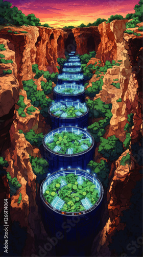 Futuristic Vector Illustration of Canyon-Wrapped Vertical Farms With Lush Greenery and Solar Panels Under a Vibrant Sunset Sky in a Sci-Fi Inspired Landscape
