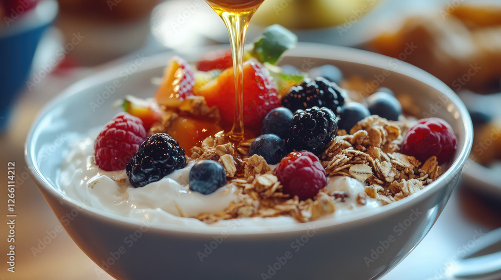 Honey drizzling over a bowl of Greek yogurt with fresh fruit and granola Honey drizzling over a bowl of Greek yogurt with fresh fruit and granola