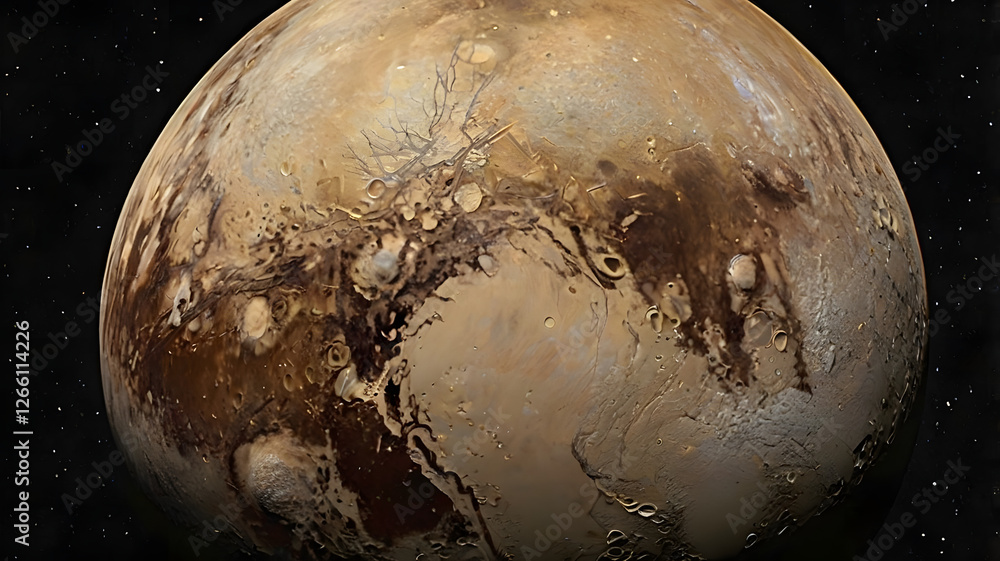 Naklejka premium Pluto's Frozen Beauty: A stunning image of Pluto, the dwarf planet, in high resolution. The surface is a tapestry of icy plains and rugged mountains, showcasing a world of wonder and mystery.