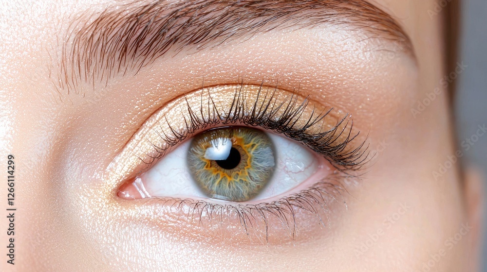 Close-up eye makeup, hazel iris, beauty shot