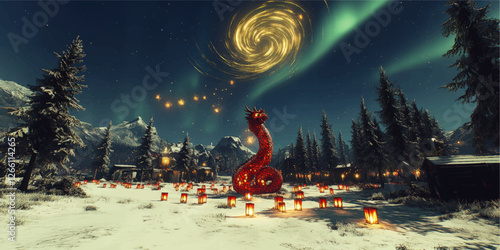 Majestic Red Dragon Sculpture in Snowy Forest with Lanterns Under Northern Lights and Golden Swirl Galaxy Inspired Night Sky - Winter Fantasy Landscape