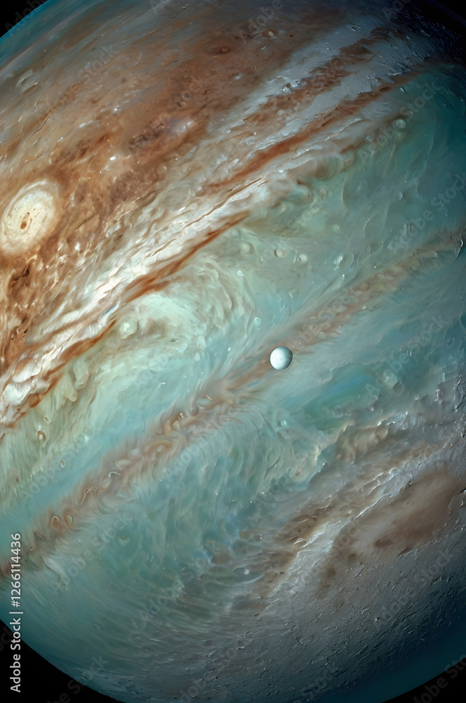 Fototapeta premium Jupiter and Its Moon: A breathtaking view of the gas giant Jupiter, with its swirling clouds and intricate patterns, and its moon Europa, a tiny white orb in the vastness of space.