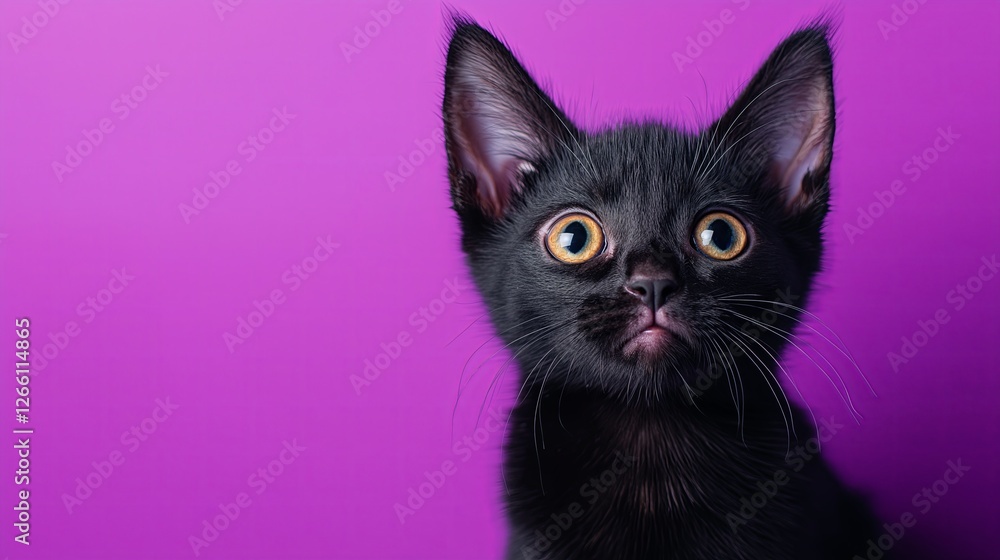 Curious black kitten with wide eyes on a purple background Curious black kitten with wide eyes on a purple background