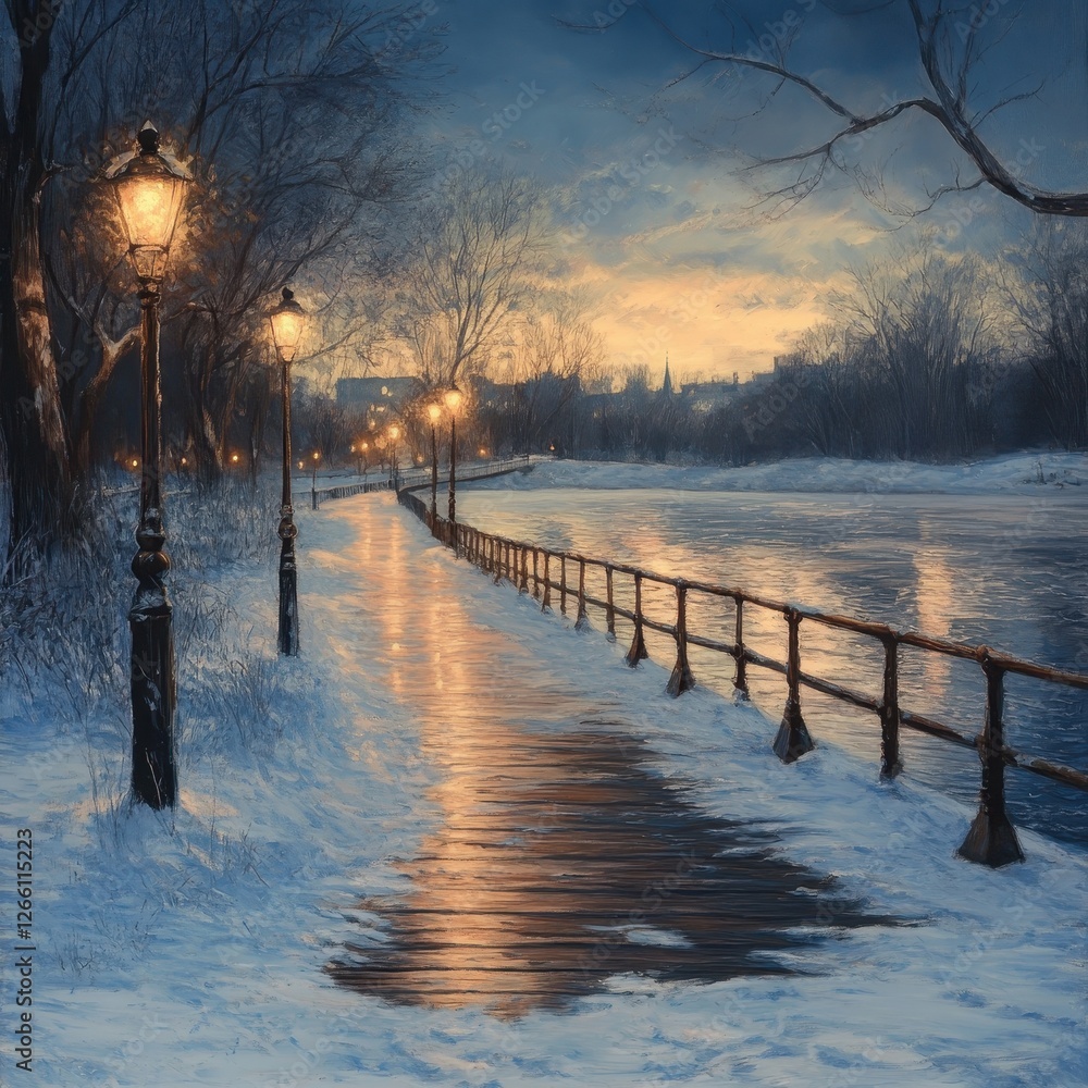 Fototapeta premium Snowy path illuminated by lamplight alongside a serene frozen river