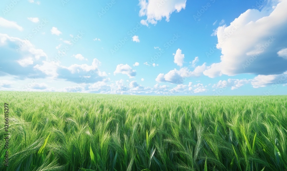 Fototapeta premium Lush green cornfield stretching to the horizon under a vibrant summer sky, with soft clouds dotting the blue expanse, symbolizing abundance.