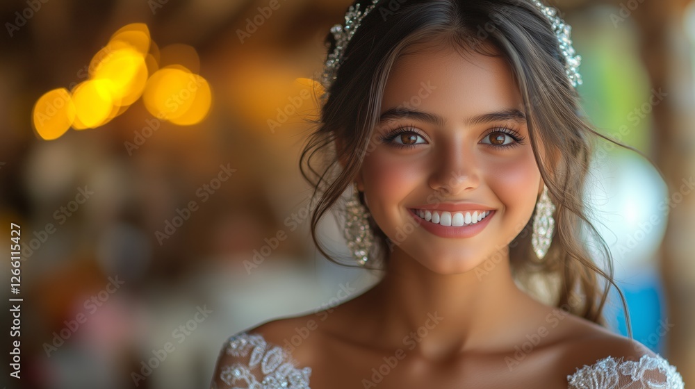 Fototapeta premium Happy 15 year old girl in dress celebrating Quinceanera