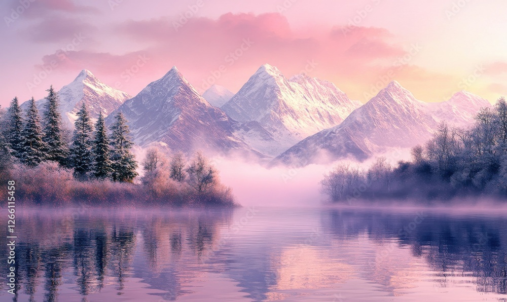 Scenic mountain range shrouded in morning mist, with snow-capped peaks reflecting the soft pink hues of sunrise, creating a majestic and tranquil view. Scenic mountain range shrouded in morning mist, with snow-capped peaks reflecting the soft pink hues of sunrise, creating a majestic and tranquil view.