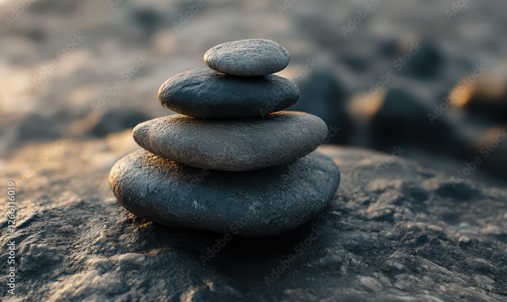 Set of smooth river stones in neutral tones stacked carefully on a textured surface, creating a serene and minimalist composition. Set of smooth river stones in neutral tones stacked carefully on a textured surface, creating a serene and minimalist composition.