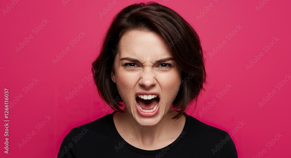 Angry Woman Yelling with Fierce Expression Against a Pink Background Angry Woman Yelling with Fierce Expression Against a Pink Background