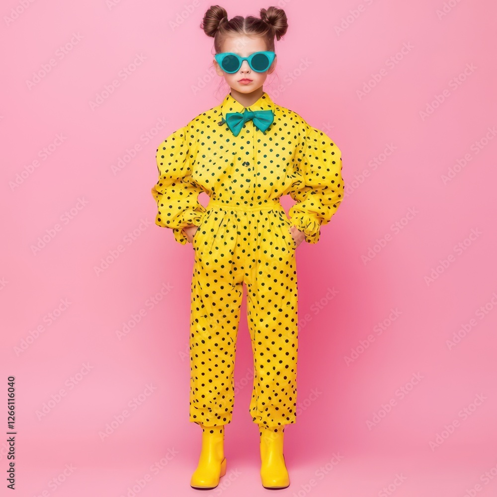 Fototapeta premium A stylish girl in a vibrant yellow polka-dot outfit with big sleeves and bright yellow boots poses confidently against a pink background.