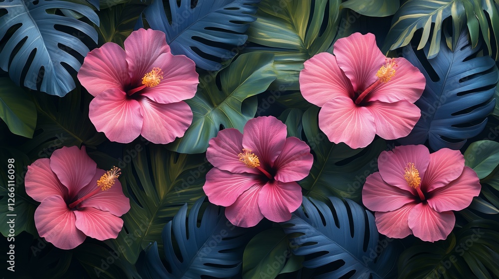 Obraz premium Tropical Hibiscus Palm Leaf Summer Pattern
