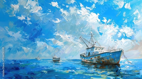 A serene fishing boat anchored in a vibrant blue sea under a picturesque sky with fluffy clouds photo